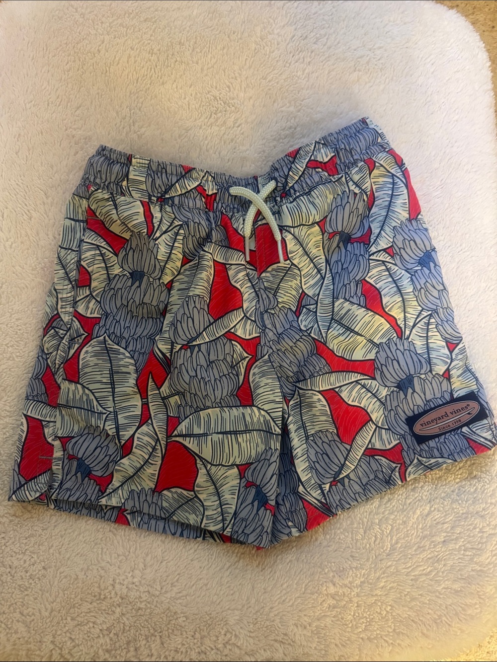 Vineyard Vines Red Floral-Leaf Boys Swim Shorts